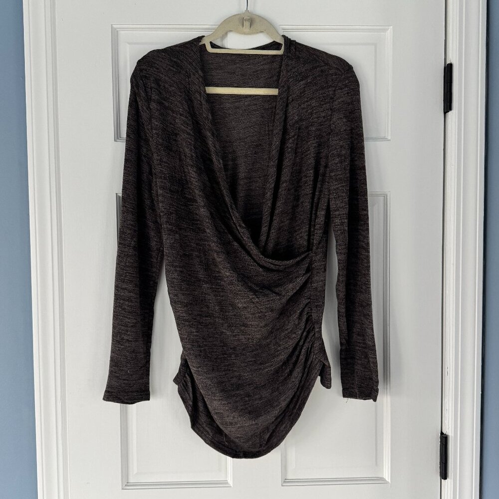 Emery Rose Ruched Wrap Front Top Size Medium Long Sleeve Draped Pleated Blouse